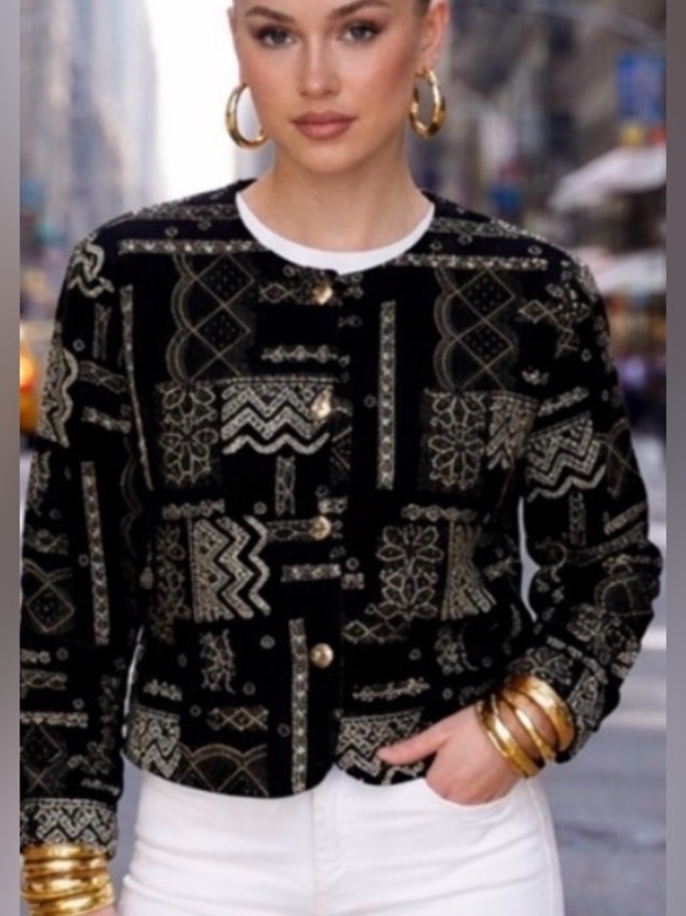 Bobbie Brooks Black and Gold Patterned Cropped Jacket